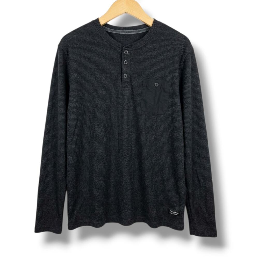 Nomad Men's Charcoal Black Waffle Knit Long Sleeve Henley Shirt Pocket Medium
